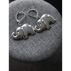 Whimsical Silver-Tone Earrings French Hook Elephant Charm Dangle Vintage Safari